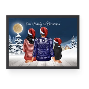 Personalized Christmas Couple Portrait with Pet, Custom Couple Print, Christmas Family Portrait, Christmas Print, Xmas Print, Pet Portrait