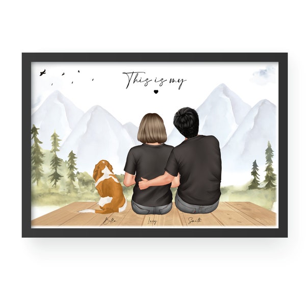 Impresión familiar personalizada, retrato de pareja joven con mascota, fondo de montañas, retrato de pareja personalizado, ilustración familiar, regalo de casa