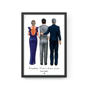 Ritratto personalizzato dello sposo e dei genitori, stampa della mamma e del papà dello sposo, regalo di nozze per i genitori dello sposo, buono regalo di matrimonio personalizzato