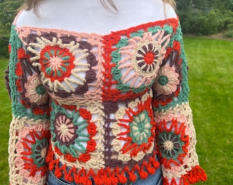 Handmade granny crocheted squares crop boatneck sweater