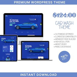 Op de afbeelding: Een blauw WordPress-thema voor autowas voor website-ontwerp. Het thema is geoptimaliseerd voor Gutenberg, Elementor en WP Bakery-pagina-bouwers. Het is ook mobiel responsief en bevat afbeeldingen met hoge resolutie. Het thema is verkrijgbaar voor € 124,00.