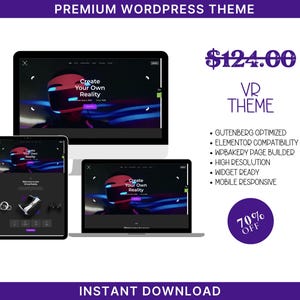Könnte beinhalten: Ein Website-Mockup für ein VR-Theme, mit einem roten und schwarzen Virtual-Reality-Headset mit dem Text "Erstelle deine eigene Realität". Die Website wird auf einem Laptop, Tablet und Desktop-Computer angezeigt. Der Text "124,00 € VR-THEME" wird in einem violetten Kasten angezeigt. Der Text "70% RABATT" wird in einem violetten Kreis angezeigt.