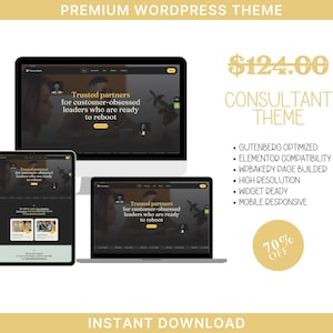 May include: A website design template for consultants, featuring a dark background with a gold accent. The text "Trusted partners for customer-obsessed leaders who are ready to reboot" is displayed on the website preview. The template is optimized for Gutenberg, Elementor, and WP Bakery page builders. It is also widget ready and mobile responsive.