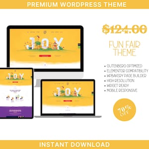 Può includere: Un mockup di sito web per un sito web WordPress a tema luna park. Il sito web presenta un'illustrazione colorata di un luna park con la parola "Joy" in grandi lettere. Il testo "Fun Fair Theme" e un prezzo di $ 124,00 sono visualizzati sul lato destro dell'immagine.