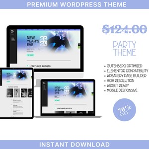 Può includere: Un mockup di sito web per un modello di sito web WordPress a tema festa di Capodanno. Il sito web presenta una combinazione di colori blu e viola con una grafica di una mano umana che si estende. Il testo sul sito web recita "Capodanno 2023". Il sito web è pubblicizzato come ottimizzato per Gutenberg, compatibile con Elementor, compatibile con il costruttore di pagine WPbakery, ad alta risoluzione, pronto per i widget e reattivo. Il prezzo è di $ 124,00 e c'è uno sconto del 70%.