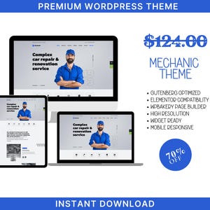 May include: A website mockup for a mechanic theme WordPress website. The website features a blue and white color scheme and includes text that says "Complex car repair & renovation service". The website is advertised as being Gutenberg optimized, Elementor compatible, and mobile responsive.