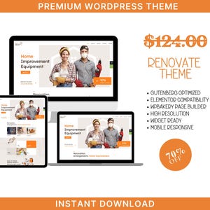 May include: A website design template for a home improvement business. The website features a photo of two people working on a home improvement project. The text on the website says "Home Improvement Equipment". The website is available for instant download.
