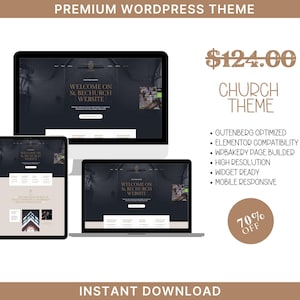 May include: A website design template for churches, featuring a dark background with a welcome message and a price of $124.00. The template is optimized for Gutenberg, Elementor, and WP Bakery page builders. It is also high resolution, widget ready, and mobile responsive.