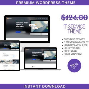 May include: A website mockup for an IT service company. The website is designed in a dark colour scheme with a white text overlay. The website features a header with the text "Common Apple repairs & upgrades" and a footer with the text "Instant Download". The website is displayed on three different devices: a laptop, a tablet, and a smartphone.
