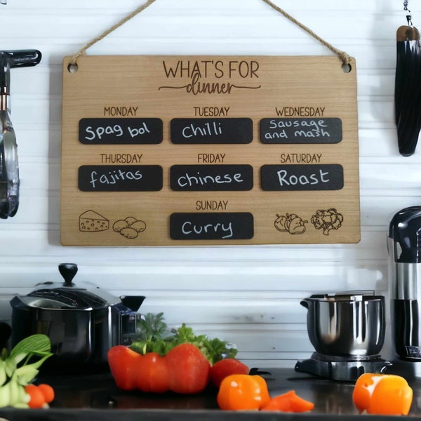 Weekly meal planner chalk board sign, what's for dinner?, Wooden kitchen accessory, kitchen aid for busy parents.