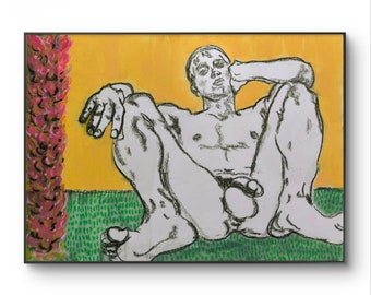 Originalzeichnung - Warten auf den Sommer in meinem Garten A3 Größe Ölgemälde Zeichnung Schwulenkunst Queer Nackt Stolz Liebe Blumen Akt Liebe Mann großer Schwanz