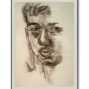 Schizzo del viso di un modello di ragazzo adolescente - carta formato A3 nero marrone pastello ad olio elegante disegno ritratto arte uomo uomo carino giovane bello fatto a mano Natale