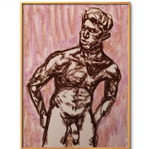 Muscle male hunk gym body model paper A3 size pink brown oil pastel elegant draw teenager handsome handmade art queer pride gay christmas