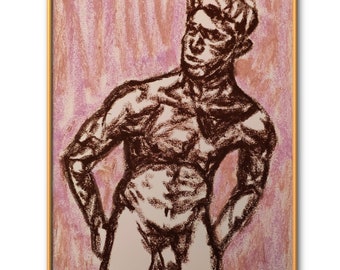 Muscle male hunk gym body model paper A3 size pink brown oil pastel elegant draw teenager handsome handmade art queer pride gay christmas