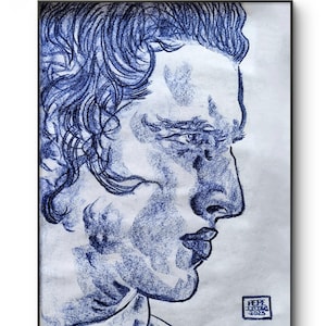 Disegno originale modello maschile viso ritratto francese blu pastello ad olio disegno elegante fatto a mano bello arte italiana estate gay queer pride artista