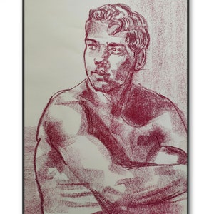 Ritratto maschile teenager - Magenta pastello ad olio fatto a mano disegno originale vintage chic minimalista arte ragazzo uomo decorazione moderna orgoglio queer di Parigi