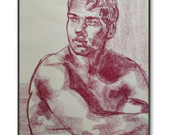 Teen male portrait - Magenta oil pastel handmade drawing original vintage chic minimalist art boy men decoration modern paris pride queer