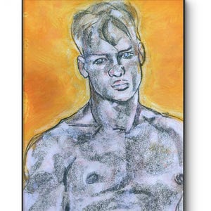 Ritratto di clown triste di giovane maschio colorato arancione brillante espressionismo arte originale disegno queer pittura di piccole dimensioni moderno amore rottura gay