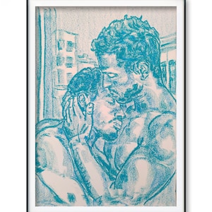 Disegno originale Arte gay amore bacio blu disegno amore gaylove coppia abbraccio bacio amore gayart dipinto fatto a mano muro tenero orgoglio queer moderno