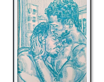 Original draw Art gay love kiss blue drawing love gaylove couple hug kiss love gayart painting handmade wall tender queer pride modern