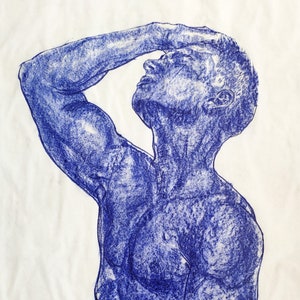 Disegno originale - Ritratto maschile blu pastello muscoloso attraente culturista fitness grande taglia disegno dipinto fatto a mano arte gay san valentino