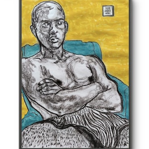 Dipinto originale in formato A3 giovane maschio disegno arte gay decorazione domestica queer nudo orgoglio amore opera d'arte figurativa moderna contemporanea fatta a mano