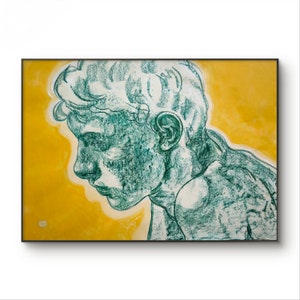 Pittura a olio originale - Ragazzo estivo - disegno verde pastello e giallo arancione chiaro fatto a mano arte contemporanea figurativa espressionista moderno gay