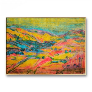 Disegno originale paesaggio campi estate sole montagna natura A3 multiplo pastelli a olio dipinto fatto a mano arte murale retrò san valentino fatto a mano