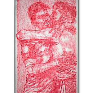 Giocatore di football abbraccio rosso pastello amore baci abbraccio maschio uomo sport disegno originale pittura gayart orgoglio bacio queer natale arte gay