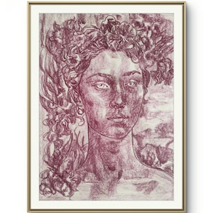 Original draw - Claudia- roman venus magenta pastel woman female goddess portrait beauty elegant drawing painting home art queen handmade