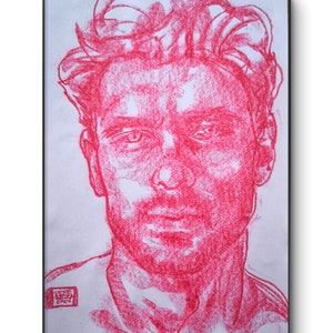 Ritratto di Michele Morrone pastello rosso carré - carta formato A4 pastello marrone disegno maschile bello disegno arte fatto a mano originale gay san valentino