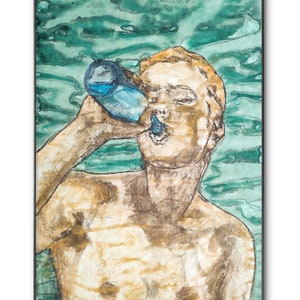 Original Draw - Gouache - Boy Drinking Bottle - handmade wall art elegant vintage temperas gay modern realist drawing painting valentines