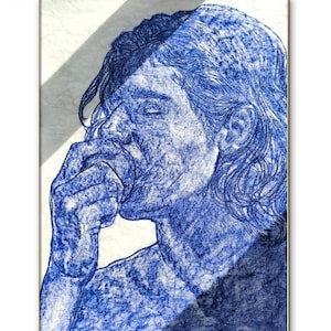 Originalzeichnung Adamsapfel erste männliche Sünde handgemachte Porträt Kunst Zeichnung blaue Ölpastelle stattliche figurative männliche Männer Malerei Valentinstag