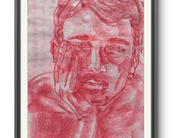 Edu staring at me paper A3 size red oil pastel lovely elegant handmade drawing art draw love men man handsome boy barcelona gay christmas