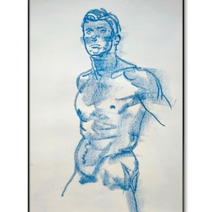 Frat giovane maschio schizzo - carta formato A3 blu pastello ad olio disegno fatto a mano piccolo pezzo d'arte arte gay disegnare torso nudo palestra uomo ritratto queer pride