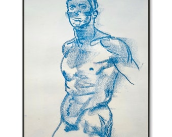 Frat young male sketch - paper A3 size Blue oil pastel handmade drawing small art hunk gay art draw shirtless gym man portrait queer pride