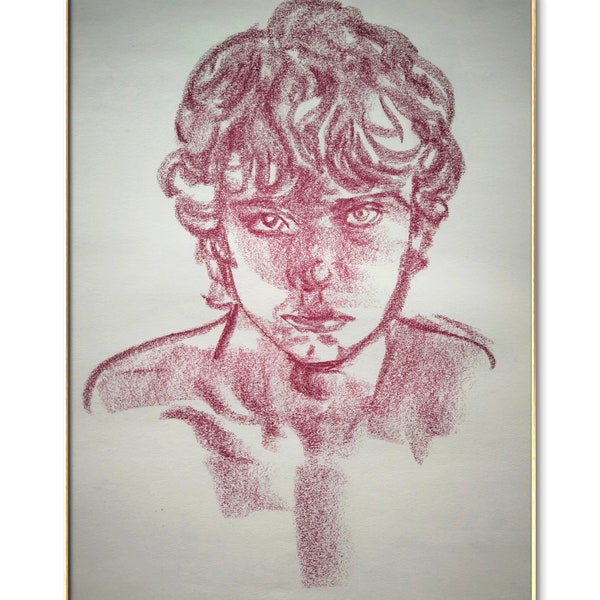 Jeune garçon regardant directement - papier A3 taille magenta rouge huile pastel élégant dessiner adolescent enfant beau mignon beauté adolescent croquis fait main