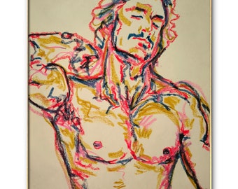 Original Draw Moustache Hunk Bodybuilder Vintage Daddy Gay Erotik Kunst Pastell Zeichnung bunt sexy Macho Queer Pride Lgbt Valentinstag Druck