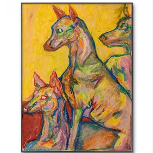 Original draw - Three hunting dogs handmade oil pastels art colorful vibrant dogs hunt dog impressionism modern painting yellow sun summer