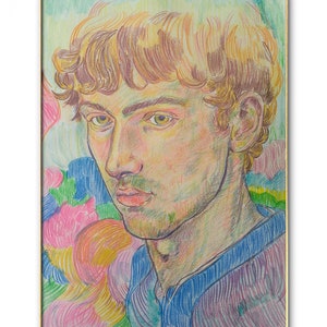 Disegno originale - Ritratto di giovane ragazzo dipinto a mano su carta da parati, matite colorate, elegante stile Gauguin, impressionismo impressionista colorato