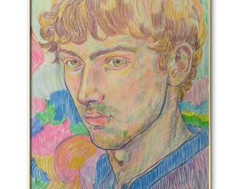 Original Draw - Young boy portrait drawing handmade wall art paper color pencils elegant Gauguin style impressionism impressionist colorful