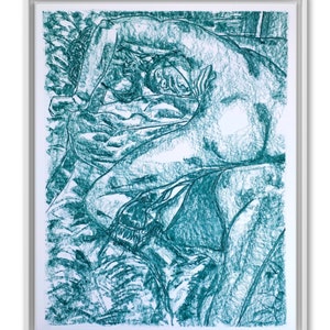 Originele Draw - de vloek van Schorpioen - logeerpartij bromance groene pastel eros gay kunst liefde handgemaakte gayart elegante tekening schilderij naakt