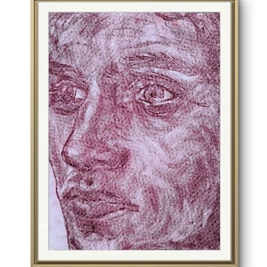 Elegante volto dettagliato ritratto maschile formato A4 carta magenta pastello disegno fatto a mano arte disegnare uomini uomo queer cadmo ralph lauren natale