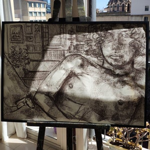 Original Draw - Rare Room boy Brown oil pastel - handmade drawing big size vintage chic minimalist painting wallart work art gay christmas