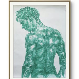 Original Draw green pastel handmade male portrait big drawing painting realistic elegant muscled semi naked elegant gay art valentines