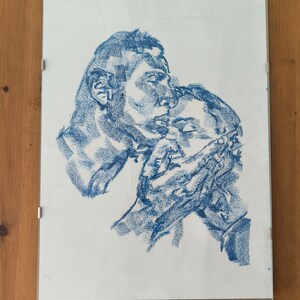 Original draw - Tender love paper A3 blue oil pastel gay art handmade drawing gaylove gayart vintage kiss secret art painting love lovers