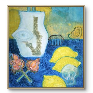 Arte originale - Passi astratti della vita - dipinto ad olio limoni fiori morte teschio tempo spazio fatto a mano rara decorazione murale surrealista moderna