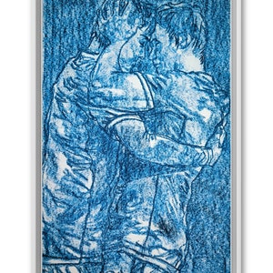 Giocatori di calcio abbracciano pastello ad olio blu amore baciano abbracciano maschio uomo sport disegno originale pittura gayart orgoglio bacio gay sport di natale