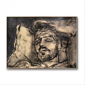 Ritratto maschile in camera da letto - carta formato A4 marrone scuro pastello a olio amore arte elegante disegno gay gayart adolescente uomo casa vintage deco viso san valentino