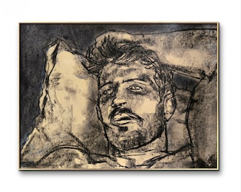 Bedroom portrait male - paper A4 size dark brown oil pastel love art elegant draw gay gayart teen man home vintage deco face valentines